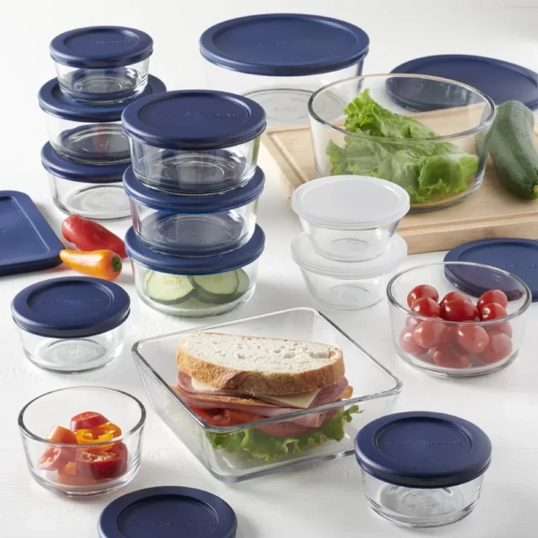 Kitchen Organizer Clear Glass Storage 30 Piece Set With Navy Lids Food Storage Containers Kitchen Organizer