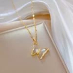 New Trendy Luxury Zircon Butterfly Pendant Necklace For Women Stainless Steel Clavicle Chain Female Party Temperament Jewelry