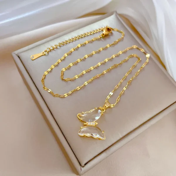 New Trendy Luxury Zircon Butterfly Pendant Necklace For Women Stainless Steel Clavicle Chain Female Party Temperament Jewelry