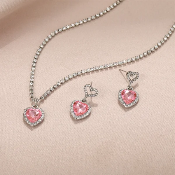 Pink Barbie Powder Shiny Crystal Peach Heart Pendant Earrings Necklace Jewelry Set for Women Engagement Wedding Bride Accessory