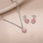 Pink Barbie Powder Shiny Crystal Peach Heart Pendant Earrings Necklace Jewelry Set for Women Engagement Wedding Bride Accessory