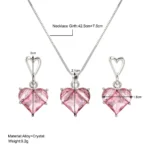 Pink Barbie Powder Shiny Crystal Peach Heart Pendant Earrings Necklace Jewelry Set for Women Engagement Wedding Bride Accessory