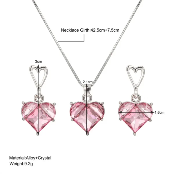 Pink Barbie Powder Shiny Crystal Peach Heart Pendant Earrings Necklace Jewelry Set for Women Engagement Wedding Bride Accessory