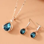Water Drop Shape Pendant Necklace & Drop Earrings Set For Women & Girls Artificial crystal necklace, earrings, jewelry set,